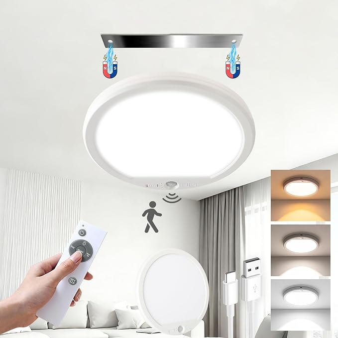 Rechargeable Motion Sensor Ceiling Light with Remote, Magnetic Mount, Cordless, Dimmable 3 Color Temperatures (6500K~3000K), No Wiring LED Light for Closet, Stairs, Hallway, Porch