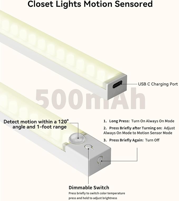 Rechargeable Under Cabinet Lighting 12 Inch 6-Pack, Motion Sensor Light Indoor 3 Color Temps, Dimmable Battery Operated Closet Lights, Wireless Under Counter Lights for Kitchen, Stairs