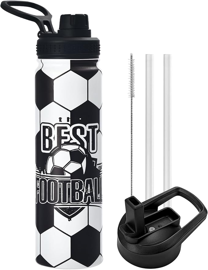 Soccer Water Bottle, 24 oz Insulated Stainless Steel Sports Bottle with Straw, Soccer Stuff Gifts for Boys