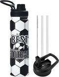 Soccer Water Bottle, 24 oz Insulated Stainless Steel Sports Bottle with Straw, Soccer Stuff Gifts for Boys