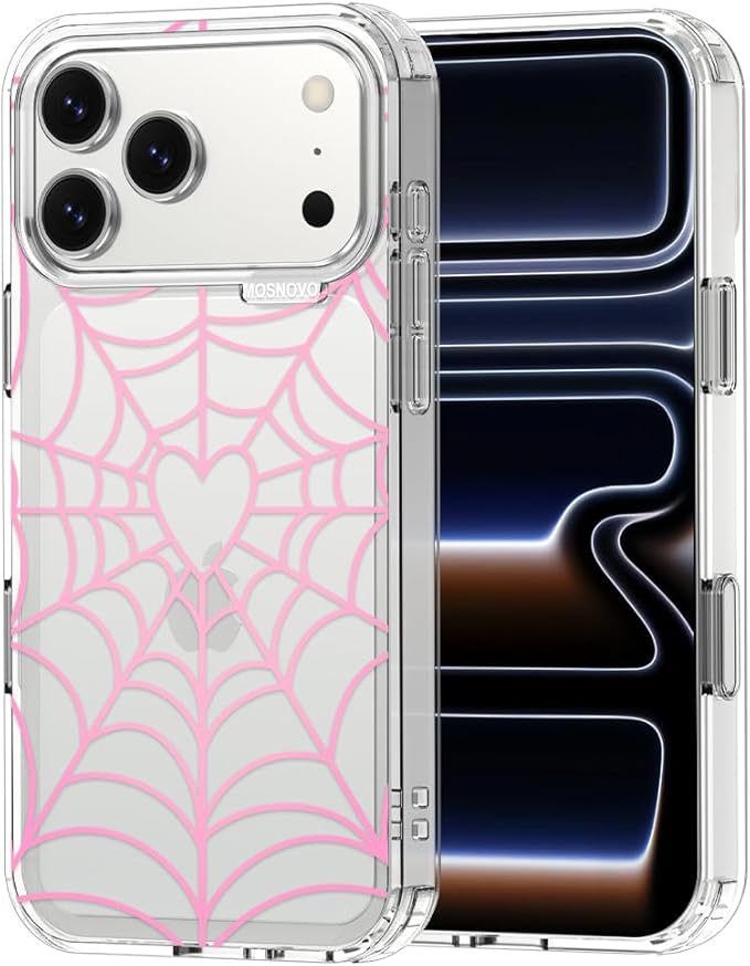 MOSNOVO for iPhone 17 Pro Max Case, Shockproof Military-Grade Protection 6.6ft Drop Tested, Camera Control, Clear Phone Case for iPhone 17 Pro Max, Pink Spiderweb Design