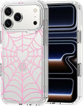 MOSNOVO for iPhone 17 Pro Max Case, Shockproof Military-Grade Protection 6.6ft Drop Tested, Camera Control, Clear Phone Case for iPhone 17 Pro Max, Pink Spiderweb Design