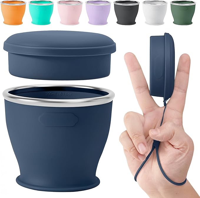 Collapsible Travel Cup, BPA-Free Reusable Water Cup, Lightweight Drinking Cups with Lids and Carrying Strap, Dishwasher Safe Silicone Cups for Camping, Travel, Airports, Hotel (6.7oz, Navy)