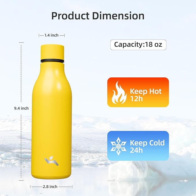 Konokyo Insulated Water Bottle with Strap,18 oz Double Wall Stainless Steel Vacuum Bottles Metal Water Flask,Yellow