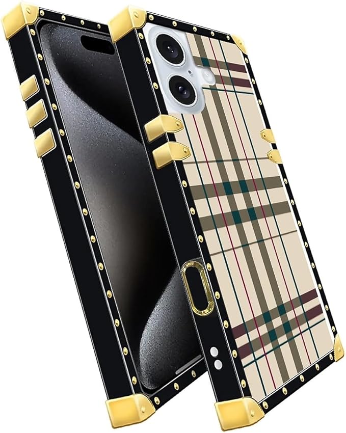 Compatible with iPhone 16 Case, Black Red Beige Stripes Luxury Golden Decoration for Girl Women Soft TPU Shockproof Protective Hard PC Back