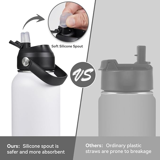 Fijinhom 32oz Insulated Stainless Steel Water Bottle, Wide Mouth Double Wall Vacuum, Silicone Straw, Sweat & Leak Proof, BPA Free Insulated Water Flask for Travel, Keep Cold 24h Hot 12h, White