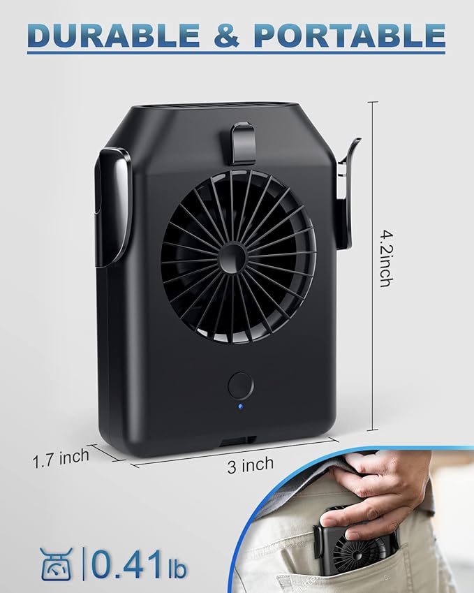 Stsase Portable Fan 10000mAh Rechargeable, Mini Waist Fan With Max 24H Working Time, 3 Speeds 5100RPM Strong Airflow Wearable Personal Clip Fan Belt Fan for Outdoor, Jobsite, Farms, Traveling, Fishing