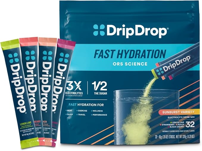 DripDrop Hydration Packets - Sunburst Variety Pack - Single Serve Electrolytes Powder Drink Mix - Lemon Lime, Strawberry, Peach, Black Cherry - Non-GMO, Gluten Free, Vegan - 32 Sticks
