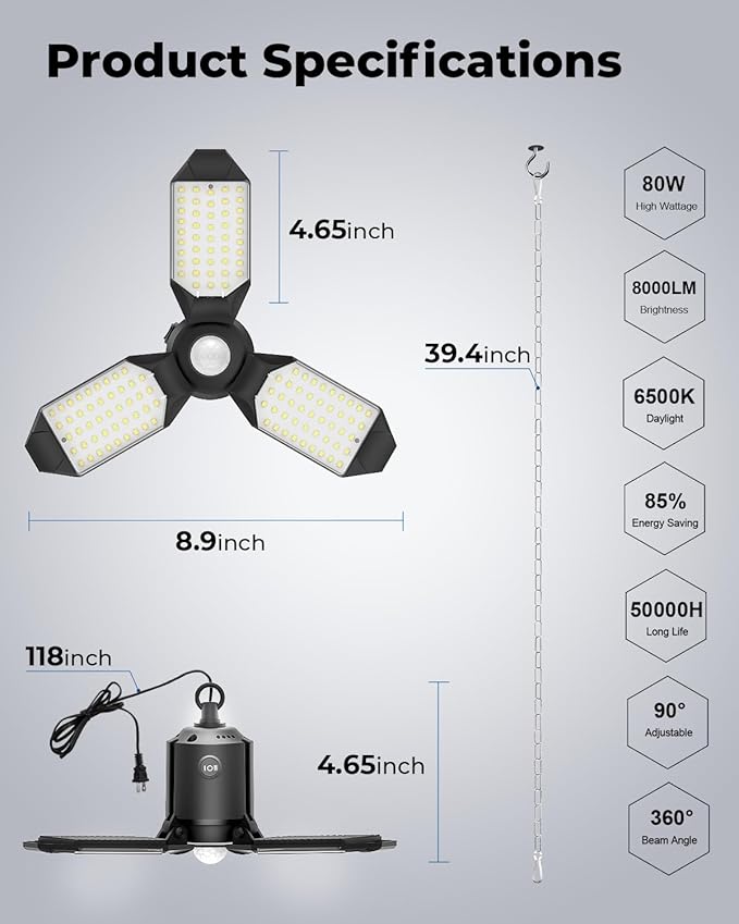 toberich 4 Pack Plug in Motion Sensor Garage Light - 8000LM Shop Light with 3 Modes, 3 Deformable LED Panels, 6500K Indoor Motion Sensor Light Bulb for Garage, Laundry Room, Basement