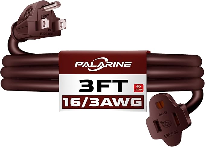 3ft Brown Extension Cord Waterproof, UL Listed, 16/3 SJTW Heavy Duty 3 Prong, 16 Gauge 13A Power Cord Ideal for Lights, Appliances, and Lawn