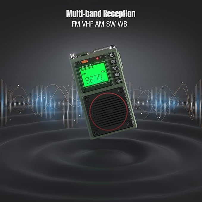 Raddy RF75A APP Control Shortwave Radio, Portable Shortwave Radios AM/FM/VHF/SW/WB Weather Radio, Pocket Radio Rechargeable w/ 9.85 Ft Wire Antenna (Army Green)
