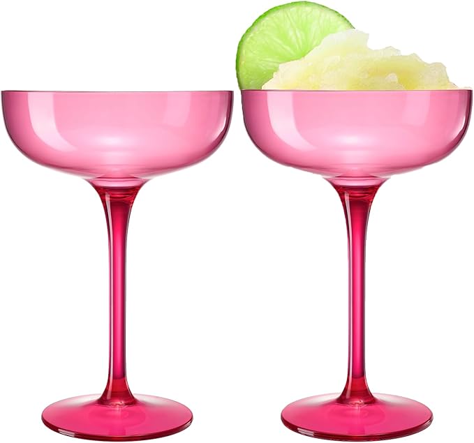 Khen Acrylic Shatterproof Martini, Margarita, Champagne & Cocktail Unbreakable Glasses | Set of 2 | 15oz Large Plastic Coupe Glasses, Tritan Drinkware, BPA-Free, Reusable, Pool (Pink)