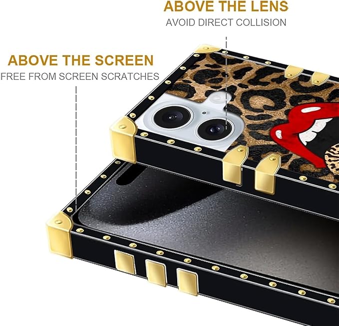 Compatible with iPhone 16 Case, Brown Leopard Print Mouth Luxury Golden Decoration for Girl Women Soft TPU Shockproof Protective Hard PC Back for iPhone 16