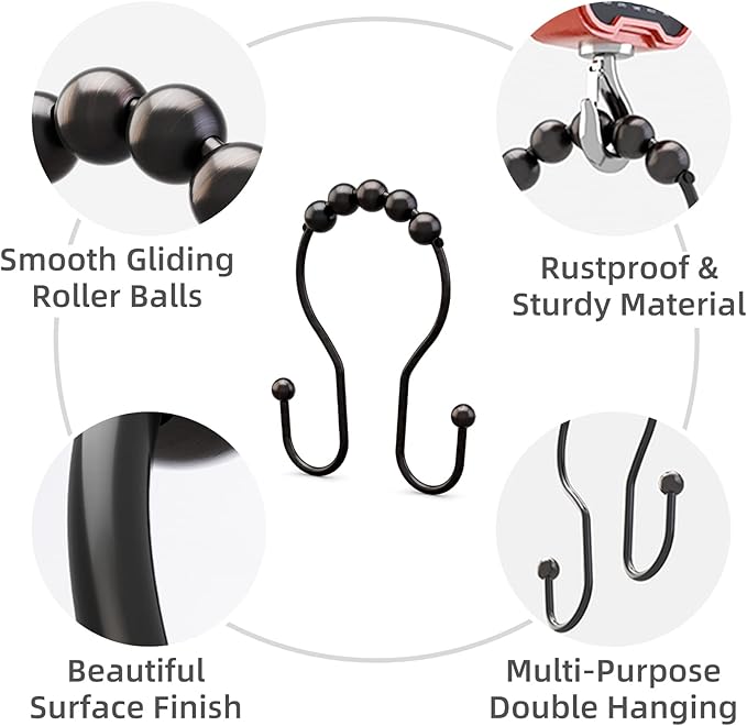 Bathway Shower Curtain Hooks Bronze Shower Curtain Rings Rust Proof Double Hook Shower Curtain Hooks, 12 Pcs Shower Hooks for Shower Curtain, Shower Rings for Curtain Bathroom, Metal Shower Rod Hooks