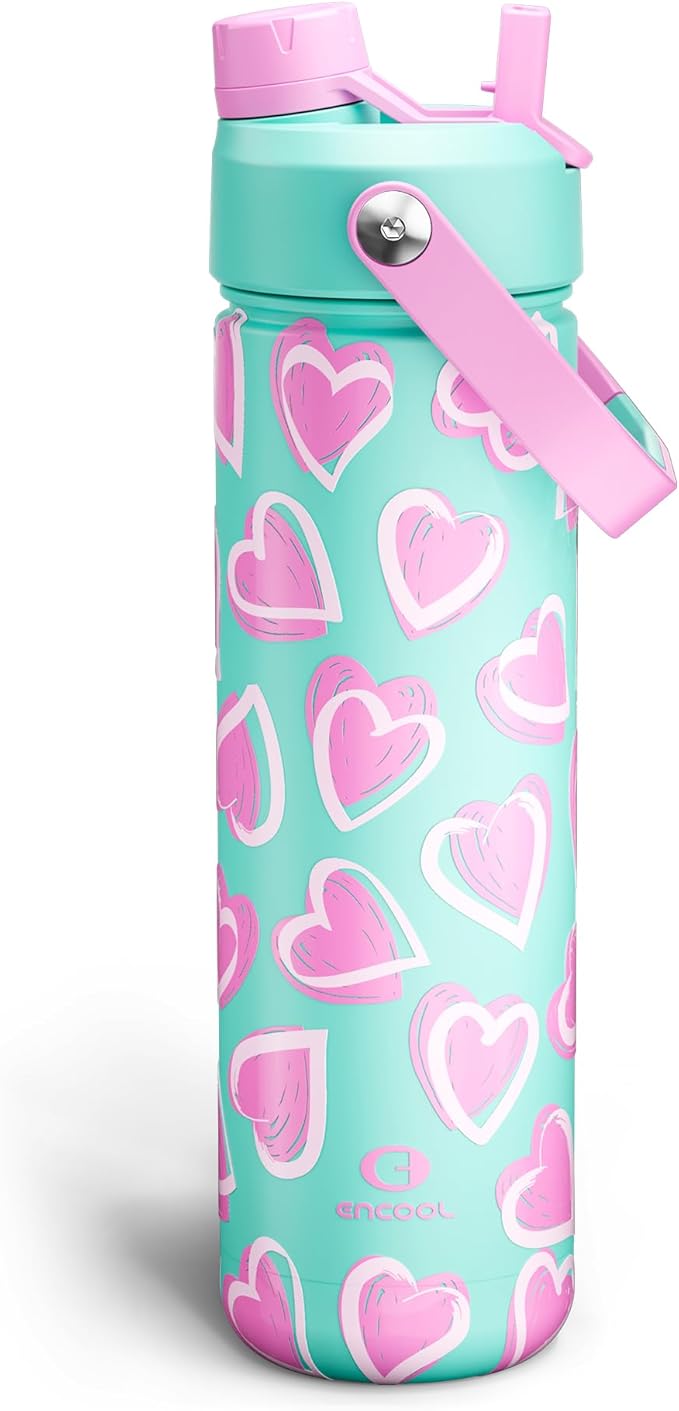 ENCOOL Valentine's Day Insulated Water Bottle with Straw Stainless Steel Water Bottle, Leak-Proof, BPA-Free, Keeps Cold for 24 Hours for Sports, Travel, School (26 oz, Sketch Hearts Violet x Mint)