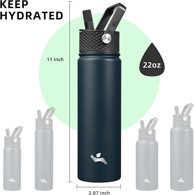 Konokyo 22oz Stainless Steel Bottles with 3 Lids Sport Insulated Water Bottle,Navy Blue