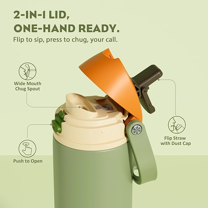 POWCAN 18 oz Metal Sports Water Bottle: 2-in-1 Push-Button Spout & Quick-Flip Straw, Leakproof, Cold 24 Hrs, Fits Car Cup Holder, Insulated Bottle for Hiking, Camping, School, Travel Gift (Olive Cool)