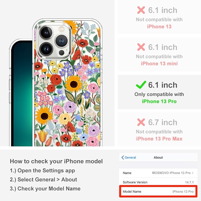 MOSNOVO Case for iPhone 13 Pro, [Buffertech 6.6ft Military-Grade Drop Protection] [Anti Peel Off Tech] Clear TPU Bumper Phone Case Cover Design - Blossom & Bloom