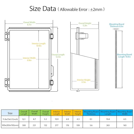 LeMotech Electrical Box, IP67 Waterproof Hinged Cover Stainless Steel Latch Junction Box, ABS Plastic Electrical Enclosure with Mounting Plate,Wall Brackets, Cable Glands,11.8"x7.7"x5.2",Grey