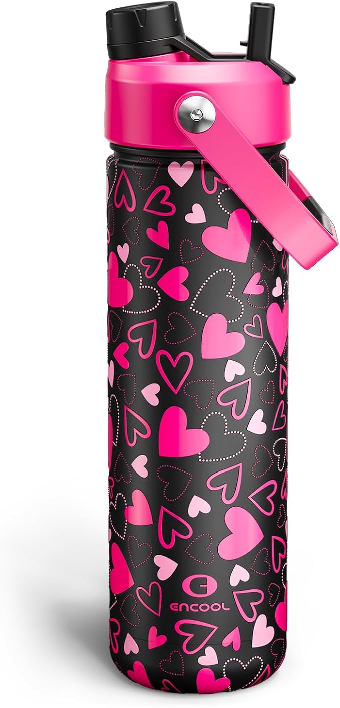ENCOOL Valentine's Day Insulated Water Bottle with Straw Stainless Steel Water Bottle, Leak-Proof, BPA-Free, Keeps Cold for 24 Hours for Sports, Travel, School (26 oz, Sweet Hearts Pink x Black)