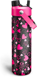 ENCOOL Valentine's Day Insulated Water Bottle with Straw Stainless Steel Water Bottle, Leak-Proof, BPA-Free, Keeps Cold for 24 Hours for Sports, Travel, School (26 oz, Sweet Hearts Pink x Black)