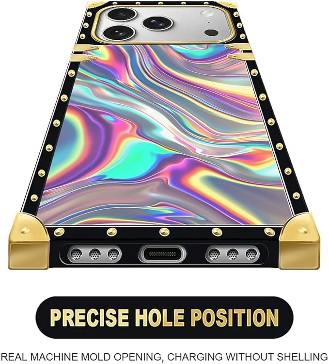 for iPhone 17 Pro Max Case Luxury Golden Decoration for Girl Women Soft TPU Shockproof Protective Hard PC Back for iPhone 17 Pro Max Crazy Pattern Holographic Abstract Iridescent Textures