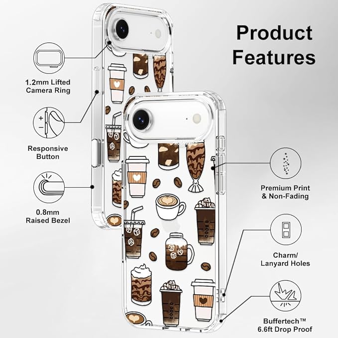 MOSNOVO for iPhone Air Case | Military Grade 6.6ft Drop Tested | Camera Control | Clear with Coffee Design