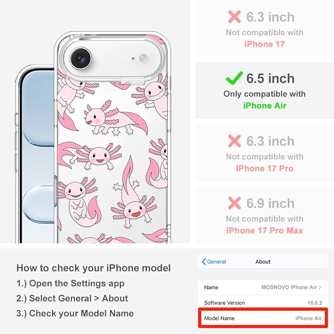 MOSNOVO for iPhone Air Case | Military Grade 6.6ft Drop Tested | Camera Control | Clear with Pink Axolotl Design
