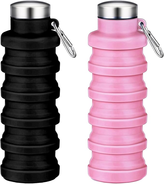 Collapsible Water Bottles,16oz Capacity Portable Reusable Silicone Water Bottle,Leak-proof,with buckle,foldable storage,Lightweight Durable for Fitness,Cycling,Sports,Camping,Hiking (Black+Pink)