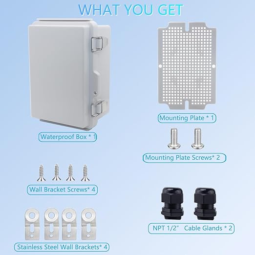 IP67 Waterproof Junction Box, ABS Plastic Electrical Enclosure with Stainless Steel Latch, Hinged Cover Electric Box with Mounting Plate, Wall Brackets & Cable Glands 175x125x95