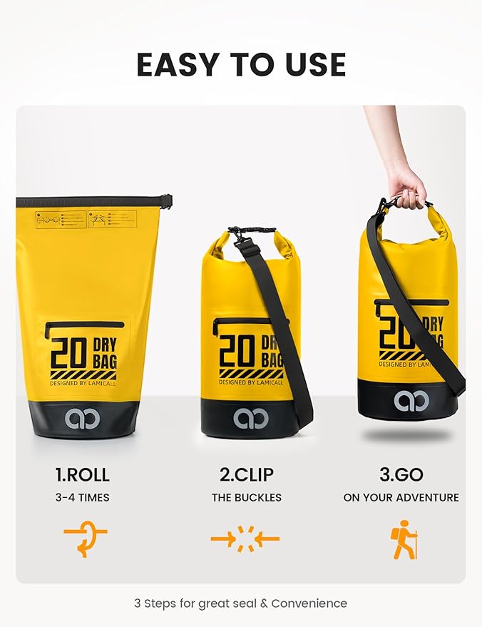 Lamicall Waterproof Dry Bag with Phone Pouch, Floating Roll Top Backpack, 10L, Yellow
