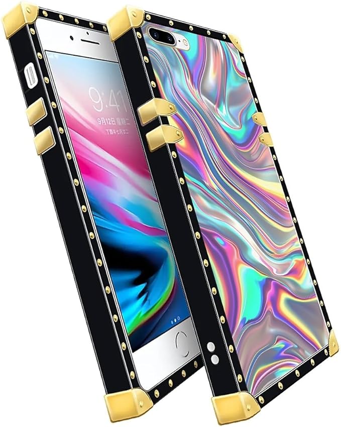 Compatible with iPhone 8 Plus 7 Plus Case, Holographic Abstract Iridescent Textures Luxury Golden Decoration for Girl Women Soft TPU Shockproof Protective Hard PC Back