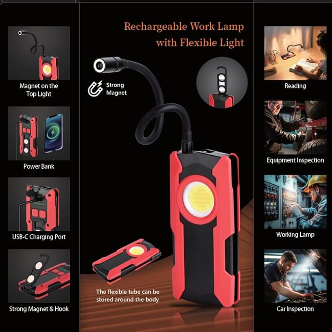 Rechargeable LED Work Light, OTYTY 40W 2000LM Magnetic Work Light Battery Powered Portable Flood Light with Gooseneck Flashlight for Car Repairing, Camping, Inspection