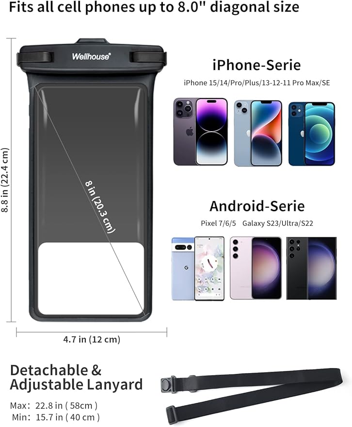 wellhouse Waterproof Phone Pouch, Waterproof Phone Case for iPhone 17 16 15 14 13 Pro Max XS Samsung, IPX8 3D Cellphone Dry Bag Beach Essentials (2 Pack - Black & White8.0, 8 inch)