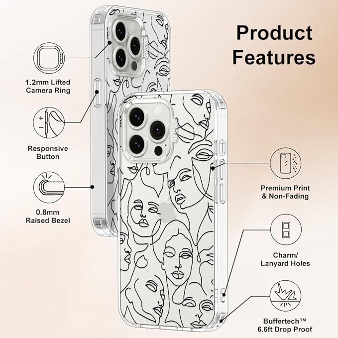 MOSNOVO Case for iPhone 15 Pro Max, [Buffertech 6.6ft Military-Grade Drop Protection] [Anti Peel Off Tech] Clear TPU Bumper Phone Case Cover Design - Abstract Face Line Art