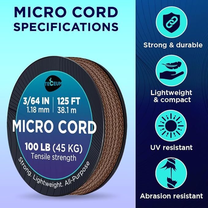 TECEUM Micro Paracord – 1.18 mm X 125 ft – Micro Utility Cord – Thin Braided Paracord Rope – Best for Crafting, DIY Projects, Fishing, Camping – Wind Chime Replacement – Survival Strong String