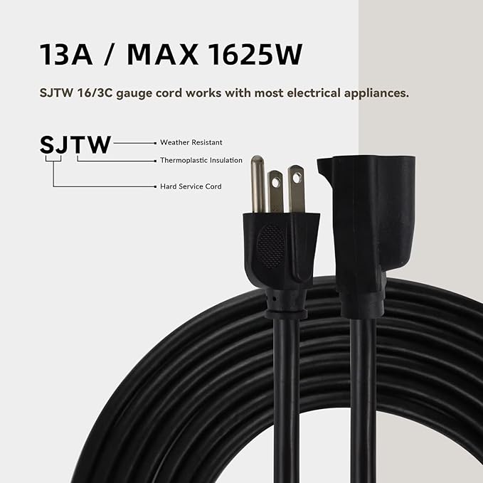 15ft Outdoor Extension Cord - 16/3 Heavy Duty SJTW Waterproof Black Electrical Cable with 3 Prong Grounded Plug for Safety, Great for Lawn and Major Appliances