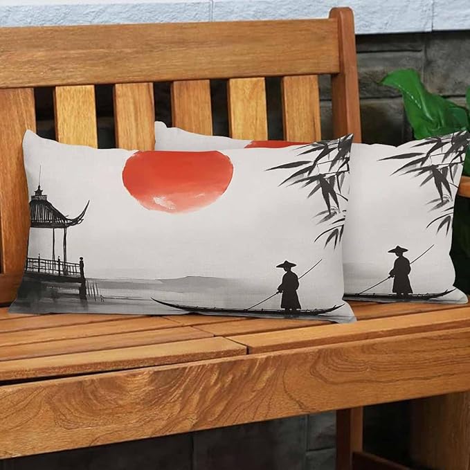 EKOBLA Throw Pillow Case 12x20 Inch Japan Traditional Japanese Painting Man with Boat Full Moon Cotton Linen Cushion Case for Sofa Couch 12x20 Inches