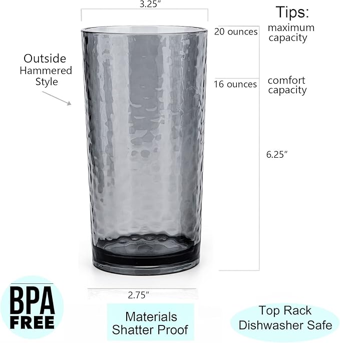 KX-WARE 14-ounce and 20-ounce Acrylic Glasses Plastic Tumbler, set of 8 Smoky Grey - Hammered Style, Dishwasher Safe, BPA Free