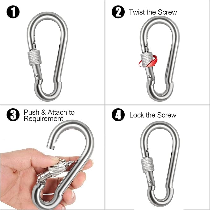 Locking Carabiner Clips, Stainless Steel Spring Snap Hook Locking Carabiner Heavy Duty - 304 Premium Stainless Steel Thumb Screw Carabiner Clip