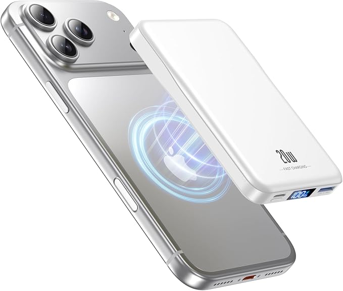 Aobbow Magnetic Portable Charger, 10000mAh for Magsafe Battery Pack, 20W Fast Charging Power Bank, Travel Essential of Wireless Charger Compatible with iPhone 17/16/15/14/13 Pro/Max/Air/Plus-White
