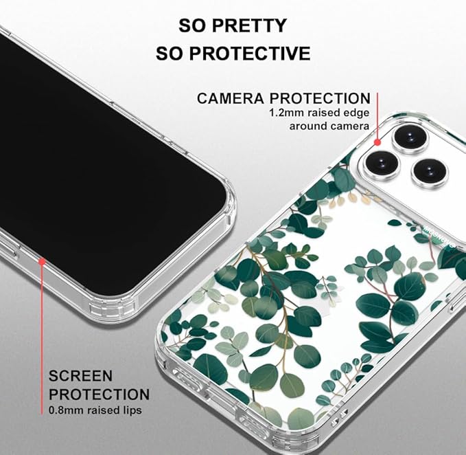 MOSNOVO for iPhone 17 Pro Max Case | Military Grade 6.6ft Drop Tested | Camera Control | Clear with Eucalyptus Design