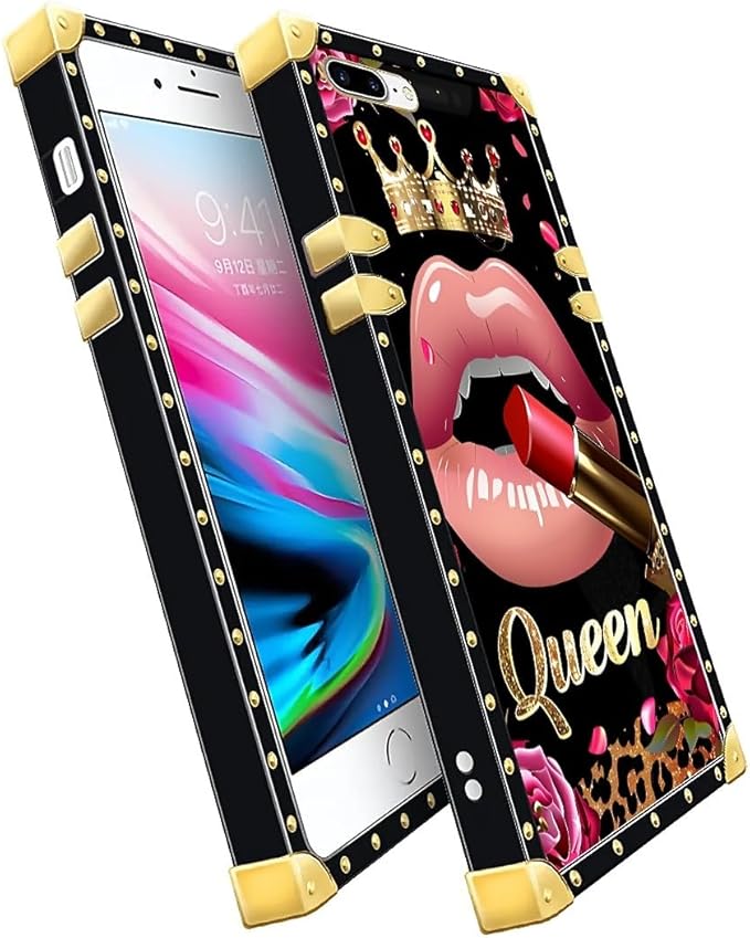 Compatible with iPhone 8 Plus 7 Plus Case, Glitter Red Rose Queen Leopard Lipstick Luxury Golden Decoration for Girl Women Soft TPU Shockproof Protective Hard PC Back