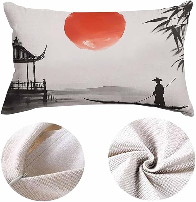 EKOBLA Throw Pillow Case 12x20 Inch Japan Traditional Japanese Painting Man with Boat Full Moon Cotton Linen Cushion Case for Sofa Couch 12x20 Inches