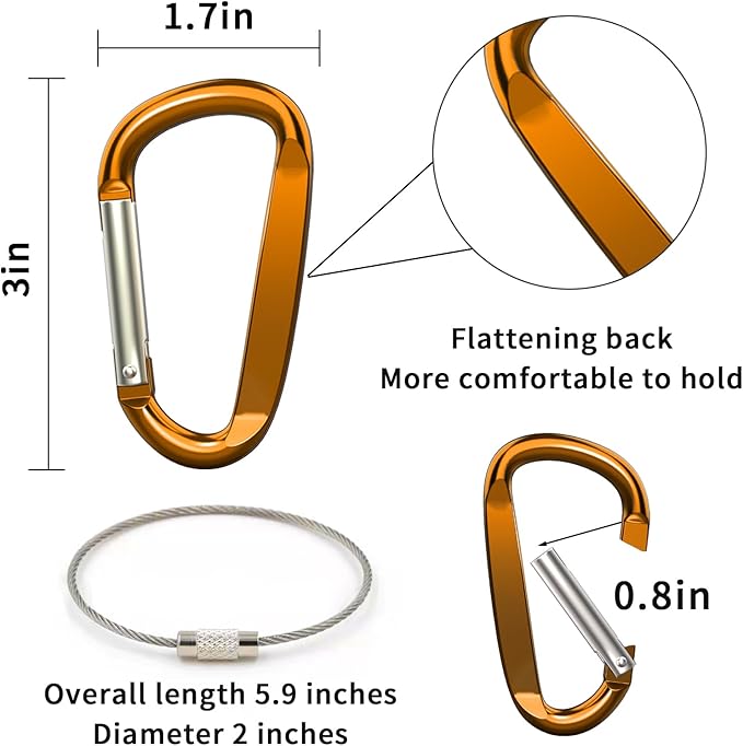 3" Aluminum Carabiner Clips, 12PCS D Ring Shape Keychain Carabiners Hook Buckle