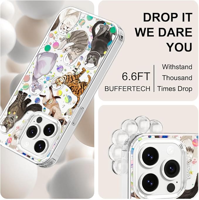 MOSNOVO Case for iPhone 14 Pro Max, [Buffertech 6.6ft Military-Grade Drop Protection] [Anti Peel Off Tech] Clear TPU Bumper Phone Case Cover Design - Space Cat