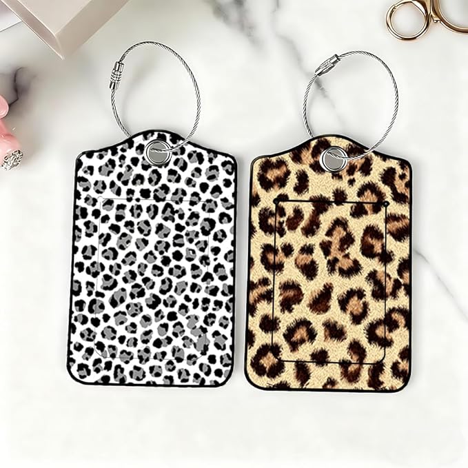 2 Pack Leopard Luggage Tags for Suitcases, Trendy Animal Print Travel ID Tags with Privacy Cover, PU Leather Bag Identifiers, Spring & Summer Vacation Essentials, Mother's Day, 2 Styles