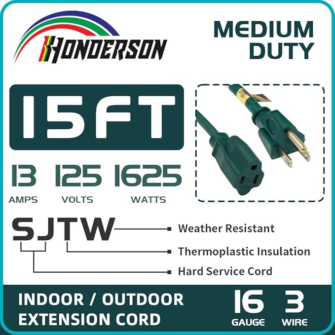 15FT Outdoor Extension Cord-16/3 SJTW Durable Green Extension Cable with 3 Prong Grounded Plug for Safety,Great for Outside Christmas Decorations