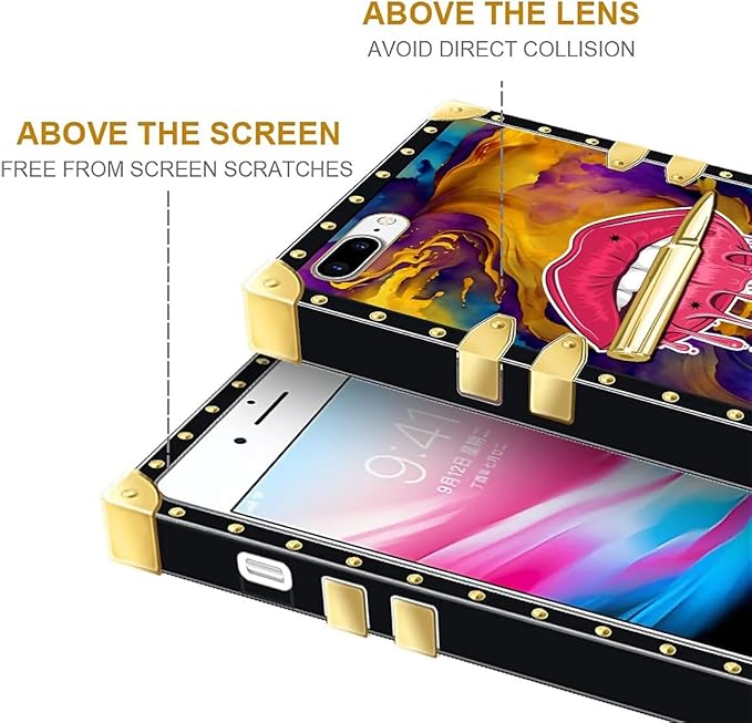 Compatible with iPhone 8 7 SE Case, Cool Corlorful Lip Marble Luxury Golden Decoration for Girl Women Soft TPU Shockproof Protective Hard PC Back for iPhone 8 7 SE