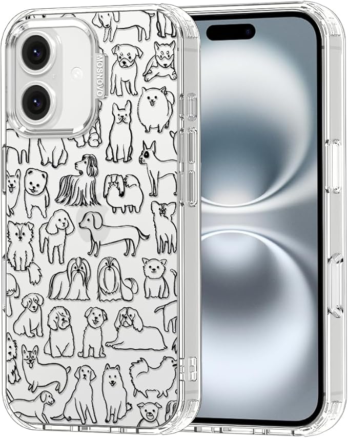 MOSNOVO Case for iPhone 16 Plus, [Buffertech 6.6ft Military-Grade Drop Protection] [Anti Peel Off Tech] Clear TPU Bumper Phone Case Cover Design - Doodle Dog